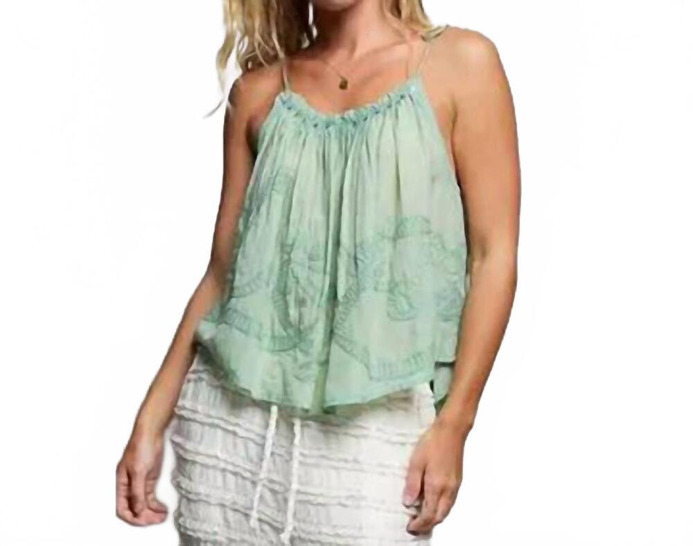 NEW POL embroidered shirred spangle tassel tie sleeveless top in sage